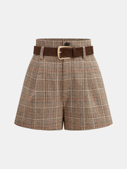 Belted High-Waist Houndstooth Tweed Shorts