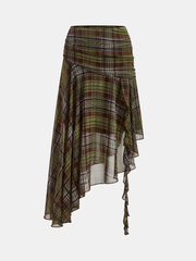 Plaid Chiffon Asymmetric Midi Skirt