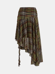 Plaid Chiffon Asymmetric Midi Skirt