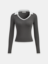 Contrast Collar Fitted Long-Sleeve Top