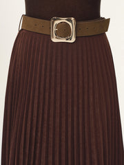 Belted Suede Effect Pleated Midi Skirt