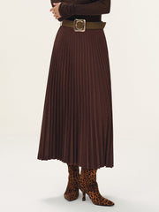 Belted Suede Effect Pleated Midi Skirt