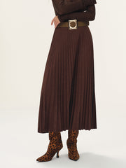 Belted Suede Effect Pleated Midi Skirt