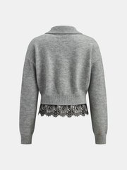 Lace Hem Collared Knit Cardigan