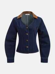 Curved Sleeve Contrast Collar Denim Jacket