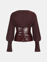Faux Leather Panel Lantern Sleeve Blouse