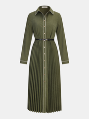 Contrast Piping Pleated Shirt Dress