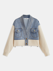 V-Neck Paneled Denim Cardigan