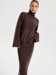 Turtleneck Knit Top and Maxi Skirt Set