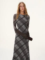 Plaid Mesh Long Sleeve Maxi Dress without Belt