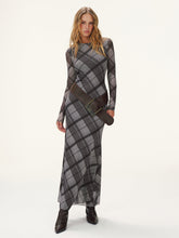 Plaid Mesh Long Sleeve Maxi Dress without Belt