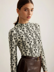 Damask Print Mock Neck T-Shirt
