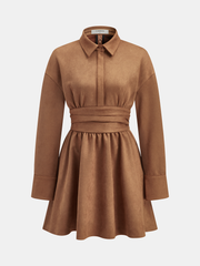 Flared Hem Suede Effect Shirt Dress