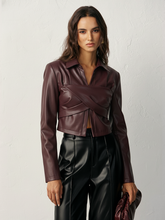 Collared Faux Leather Cropped Cross-Front Top