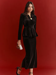 Velvet Peplum Top and Midi Skirt Set