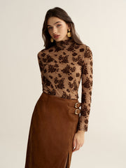 Floral Mesh Mock Neck Long Sleeve Top