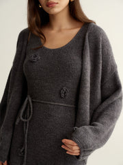 3D Floral Knit Dress & Cardigan Two-Piece Set