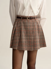 Belted Plaid Tweed Mini Skirt
