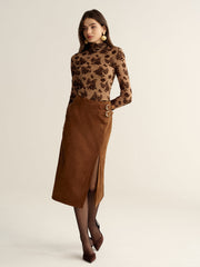 Buckle Detail Side Slit Suede Effect Maxi Skirt