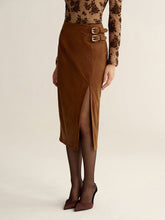 Buckle Detail Side Slit Suede Effect Maxi Skirt