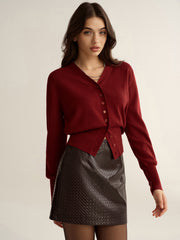 Button-Front V-Neck Cropped Cardigan
