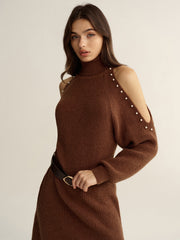Belted Cold-Shoulder Turtleneck Knit Dress
