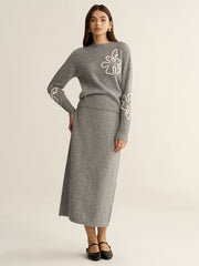 Floral Applique Sweater and Midi Skirt Set