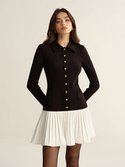 Contrast Pleated Hem Collared Mini Dress