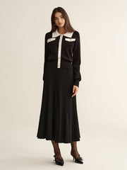 Contrast Trim Knit Top and Pleated Skirt Set