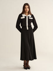 Contrast Trim Knit Top and Pleated Skirt Set