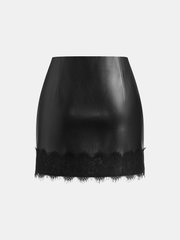 Lace Trim Faux Leather Mini Skirt