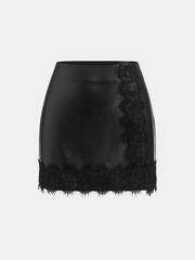 Lace Trim Faux Leather Mini Skirt