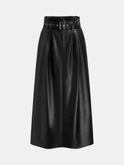 Belted Faux Leather Pleated Waist Maxi Skirt