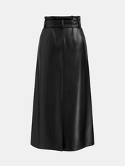 Belted Faux Leather Pleated Waist Maxi Skirt