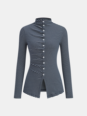 Button-Front Striped Ribbed Knit Top