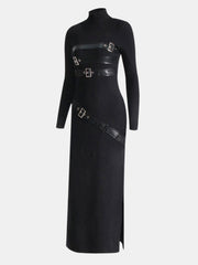 Faux Leather Panel Mock Neck Knit Maxi Dress