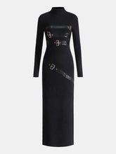 Faux Leather Panel Mock Neck Knit Maxi Dress