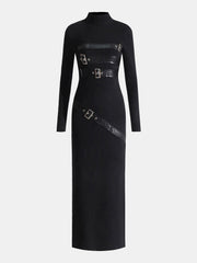 Faux Leather Panel Mock Neck Knit Maxi Dress