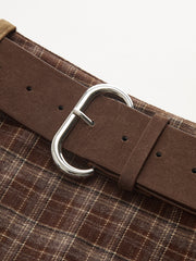 Plaid Panel Suede Effect Midi Skirt with Belt