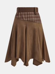 Plaid Panel Suede Effect Midi Skirt with Belt
