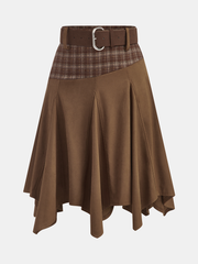 Plaid Panel Suede Effect Midi Skirt with Belt