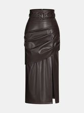 Belted Faux Leather Ruched Slit Midi Skirt