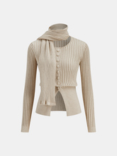 Button-Front Ribbed Knit Cardigan with Scarf