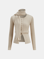 Button-Front Ribbed Knit Cardigan with Scarf