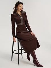 Faux Leather Panel Corduroy Midi Dress