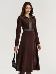 Faux Leather Panel Corduroy Midi Dress