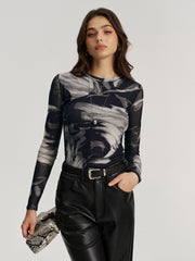 Abstract Print Semi-Sheer Long-Sleeve Top