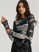 Abstract Print Semi-Sheer Long-Sleeve Top
