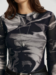 Abstract Print Semi-Sheer Long-Sleeve Top