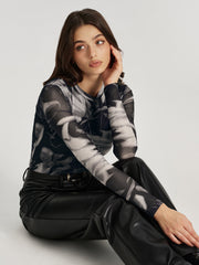 Abstract Print Semi-Sheer Long-Sleeve Top